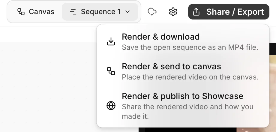 The Share / Export menu with Render & download, Render & send to canvas and Render & publish to Showcase