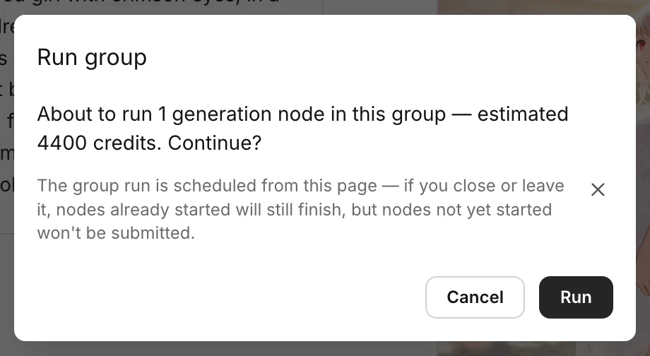 The Run group dialog with the number of generation nodes to run, the estimated credits and Run