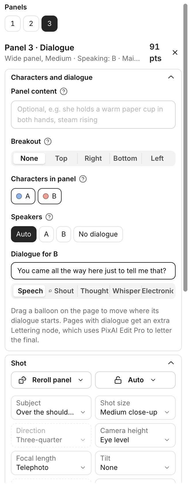 The panel inspector for Panel 3, with the Characters and dialogue and Shot groups open