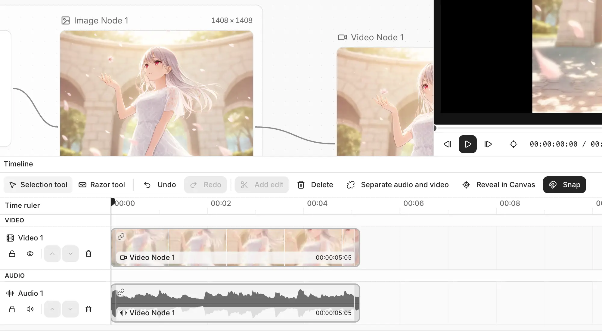 Dragging Image Node 1 from the Canvas panel onto the Video 1 track, after the Video Node 1 clip