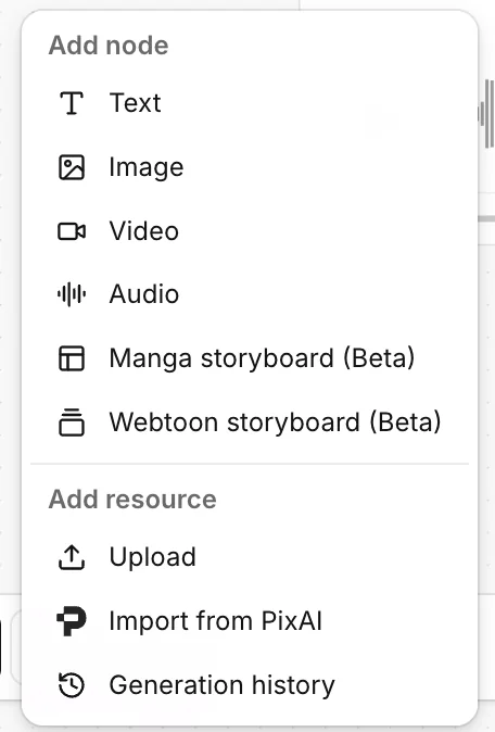 The Add node menu with Text, Image, Video, Audio, the two storyboard items and the Add resource section