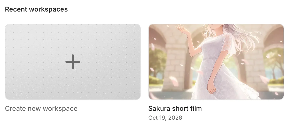 The Studio home page with the Recent workspaces row and the Create new workspace tile