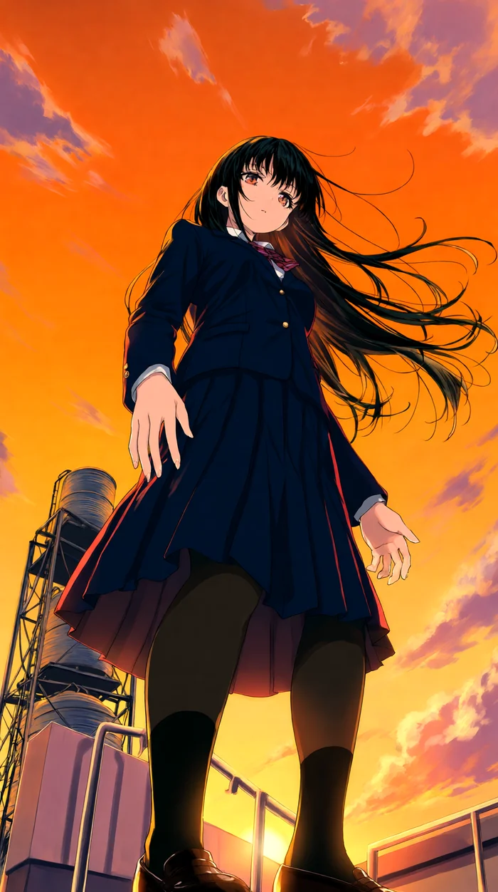 以夕陽天空為背景，從低角度仰望穿深藍色西裝外套的黑髮女孩的動漫風格圖片