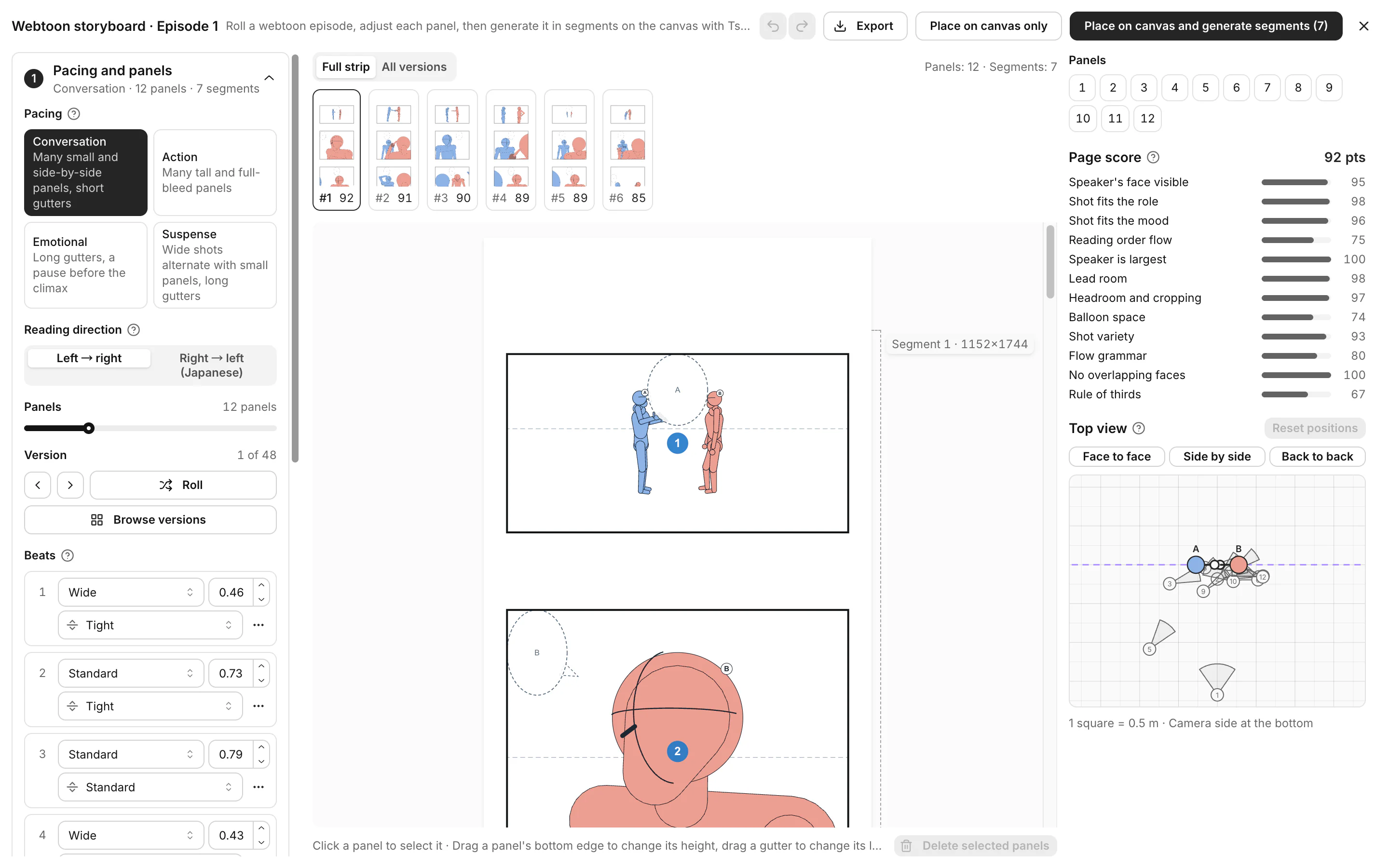 The webtoon editor with Pacing and panels open and the full strip in the middle
