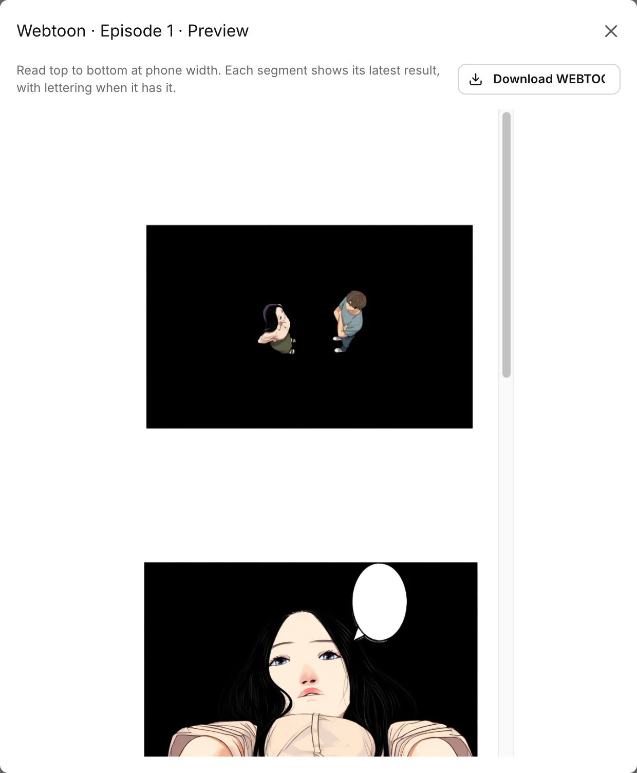 The webtoon preview showing finished segments stacked into one strip