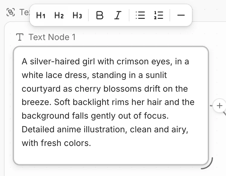 上に書式ツールバーがある、編集モードのテキストノード